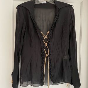 Black sheer blouse with suede ties for closure & at wrists size S